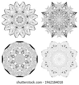 Hand drawn zentangle set of 4 mandalas for coloring page.