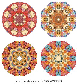 Hand drawn zentangle set of 4 color mandalas for decoration