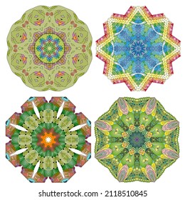 Conjunto de zentángulo dibujado a mano de 4 mandalas de color para la decoración