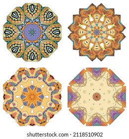 Hand drawn zentangle set of 4 color mandalas for decoration