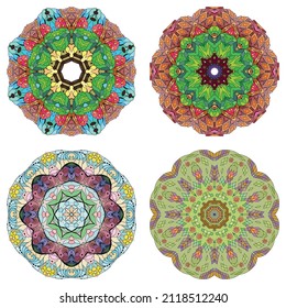 Hand drawn zentangle set of 4 color mandalas for decoration