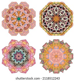 Hand drawn zentangle set of 4 color mandalas for decoration