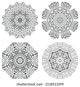 Hand drawn zentangle set of 4 mandalas for coloring page.