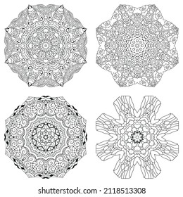 Conjunto de zentángulo dibujado a mano de 4 mandalas para la página de color.