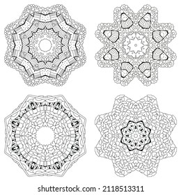 Hand drawn zentangle set of 4 mandalas for coloring page.