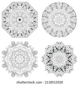 Hand drawn zentangle set of 4 mandalas for coloring page.