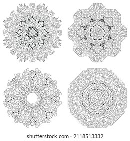 Hand drawn zentangle set of 4 mandalas for coloring page.