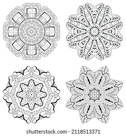 Hand drawn zentangle set of 4 mandalas for coloring page.