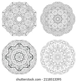 Hand drawn zentangle set of 4 mandalas for coloring page.