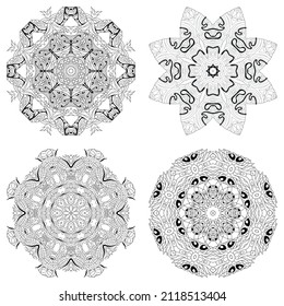 Hand drawn zentangle set of 4 mandalas for coloring page.
