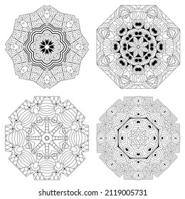 Hand drawn zentangle set of 4 color mandalas for decoration