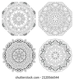 Hand drawn zentangle set of 4 mandalas for coloring page.