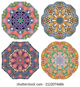 Hand drawn zentangle set of 4 color mandalas for decoration