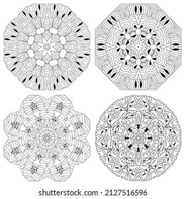 Hand drawn zentangle set of 4 mandalas for coloring page.