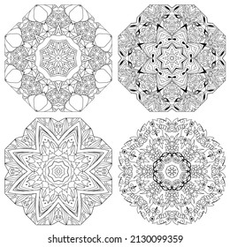 Hand drawn zentangle set of 4 mandalas for coloring page.