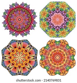 Hand drawn zentangle set of 4 color mandalas for decoration