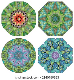 Hand drawn zentangle set of 4 color mandalas for decoration
