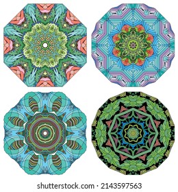 Hand drawn zentangle set of 4 color mandalas for decoration