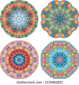 Hand drawn zentangle set of 4 color mandalas for decoration