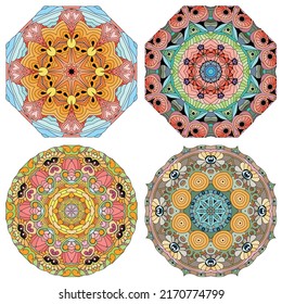 Hand drawn zentangle set of 4 color mandalas for decoration
