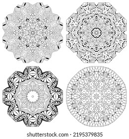 Hand drawn zentangle set of 4 mandalas for coloring page.
