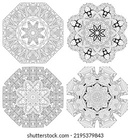 Hand drawn zentangle set of 4 mandalas for coloring page.