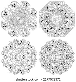 Handgezeichneter Zentangle-Satz von 4 Mandalas für die Färbung der Seite.