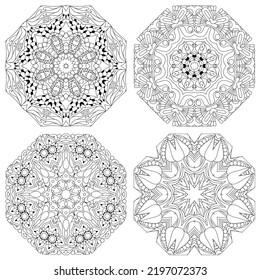 Hand drawn zentangle set of 4 mandalas for coloring page.