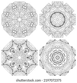 Hand drawn zentangle set of 4 mandalas for coloring page.