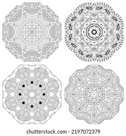 Conjunto de zentángulo dibujado a mano de 4 mandalas para la página de color.