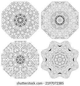 Hand drawn zentangle set of 4 mandalas for coloring page.