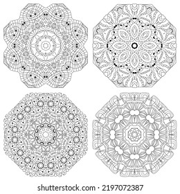 Conjunto de zentángulo dibujado a mano de 4 mandalas para la página de color.