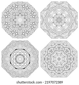 Conjunto de zentángulo dibujado a mano de 4 mandalas para la página de color.