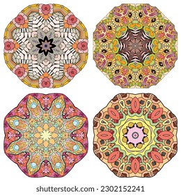 Hand drawn zentangle set of 4 color mandalas for decoration