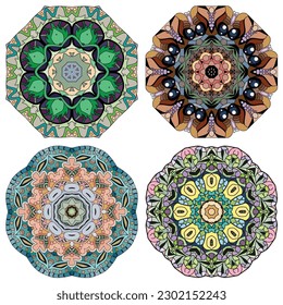 Hand drawn zentangle set of 4 color mandalas for decoration