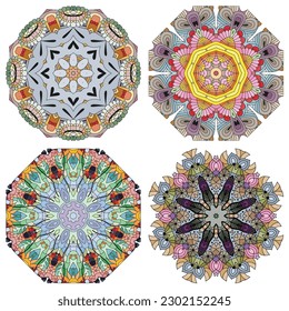 Hand drawn zentangle set of 4 color mandalas for decoration