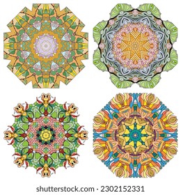 Hand drawn zentangle set of 4 color mandalas for decoration