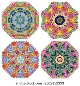 Conjunto de zentángulo dibujado a mano de 4 mandalas de color para la decoración