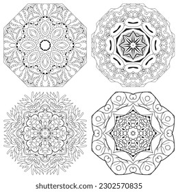 Hand drawn zentangle set of 4 mandalas for coloring page.