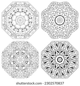 Hand drawn zentangle set of 4 mandalas for coloring page.