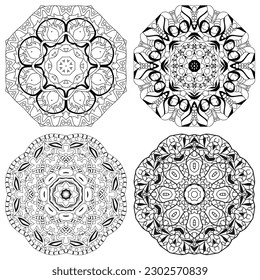 Hand drawn zentangle set of 4 mandalas for coloring page.