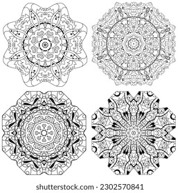 Hand drawn zentangle set of 4 mandalas for coloring page.