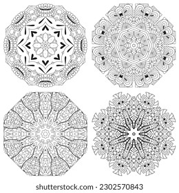 Conjunto de zentángulo dibujado a mano de 4 mandalas para la página de color.