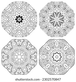 Hand drawn zentangle set of 4 mandalas for coloring page.