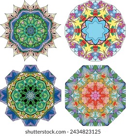Hand drawn zentangle set of 4 color mandalas for decoration