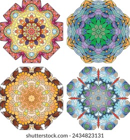 Conjunto de zentangle dibujado a mano de 4 mandalas de color para decoración