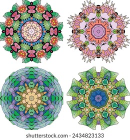 Hand drawn zentangle set of 4 color mandalas for decoration