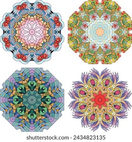 Hand drawn zentangle set of 4 color mandalas for decoration