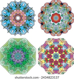 Hand drawn zentangle set of 4 color mandalas for decoration