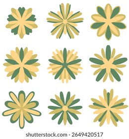Hand drawn zentangle set of 9 color mandalas for decoration. Set of colorful cute Mandalas. Decorative unusual round ornaments. Symmetrical flowers. Green mandala and yellow mandala. EPS 10.

